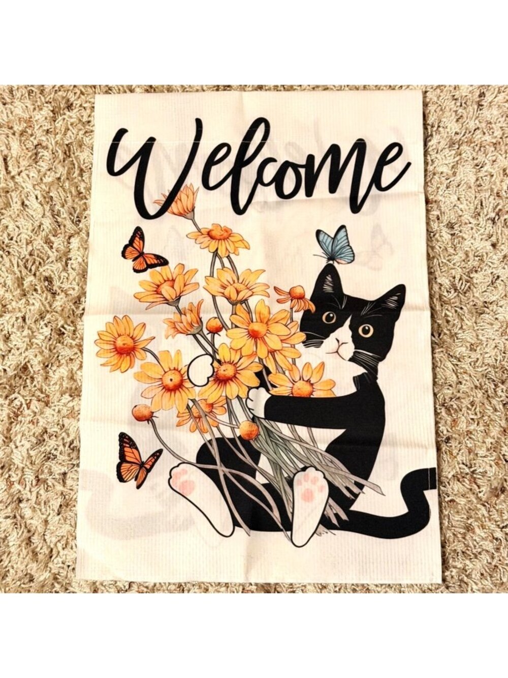 Welcome Cat Garden Flag 17x11 Tuxedo Kitty Flowers Butterflies Double Sided NWOT